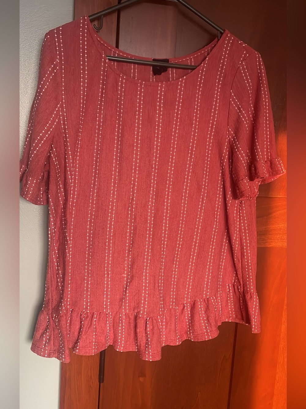 W5 Coral Red Stripe Ruffle-Hem Tunic